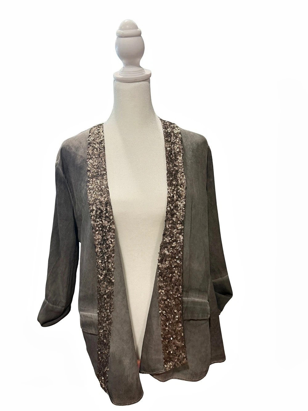 Open Front Embellished Trim Gray